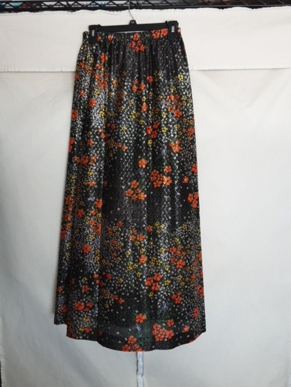 Black Floral Maxi Skirt with Orange Accents